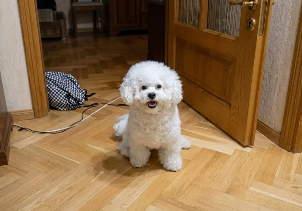 Sweet white Bichon Frise dog standing on floor at Pets Farm — trusted reviews, healthy bichon frise dog price in india