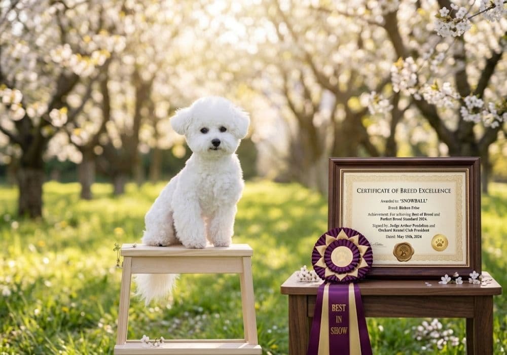 Bichon Frise puppy with KCI vaccination certificate and vet stamp at Pets Farm — verified breed authenticity