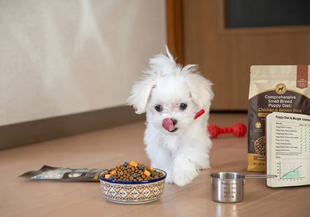 Healthy diet plan for Maltese puppy with kibble, boiled chicken, curd, and milk at Pets Farm