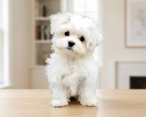 Cute white Maltese puppy sitting on table at Pets Farm — KCI registered Maltese puppies for sale in India