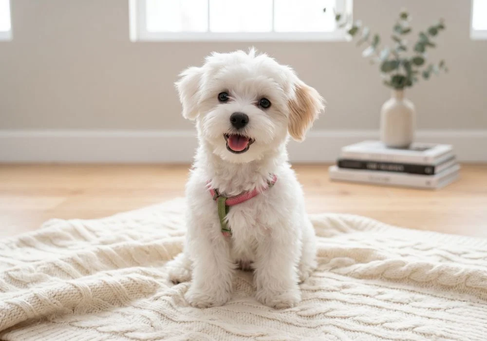 Adorable Maltese puppy sitting on soft blanket at Pets Farm — affordable Maltese puppy price in India