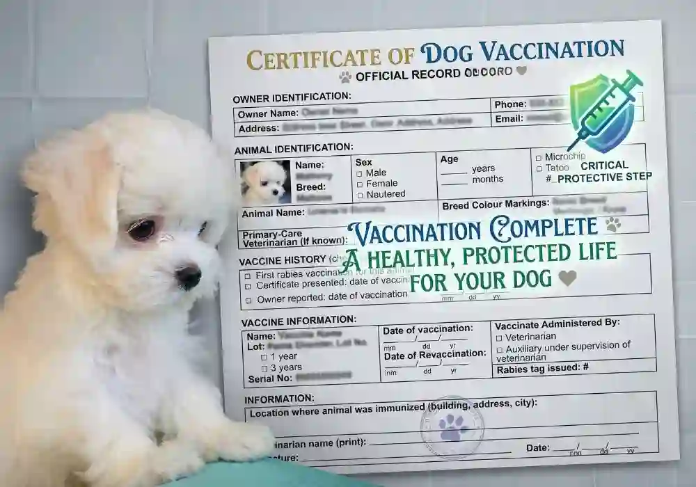 Maltese puppy with KCI vaccination certificate, stamp, and vet sign at Pets Farm — verified breed authenticity