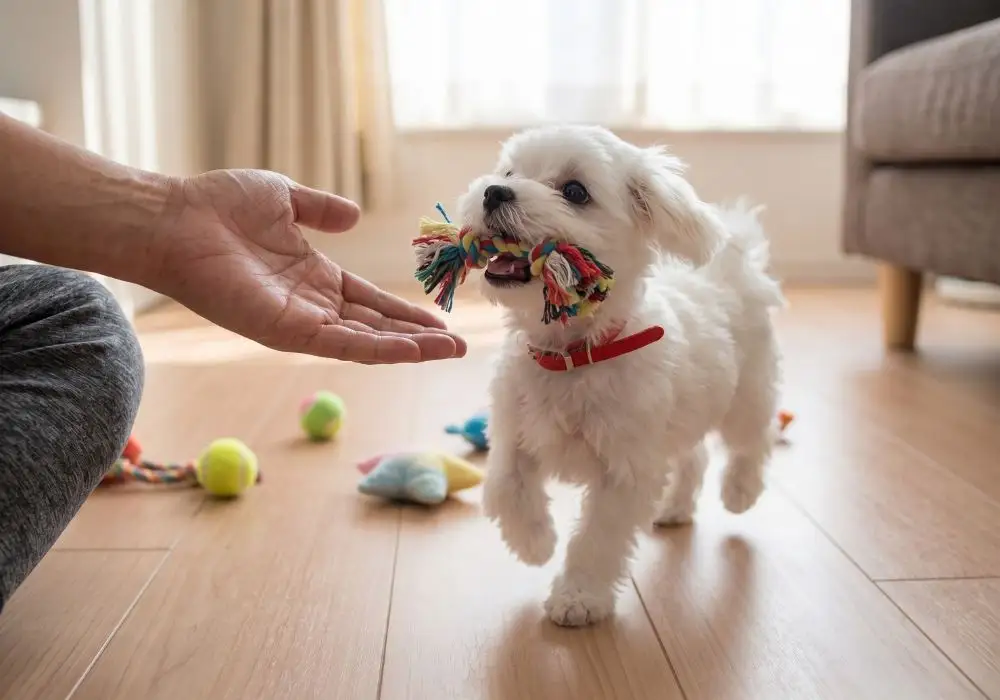 Maltese puppy playing with owner during live video call at Pets Farm — verify before you buy Maltese puppy